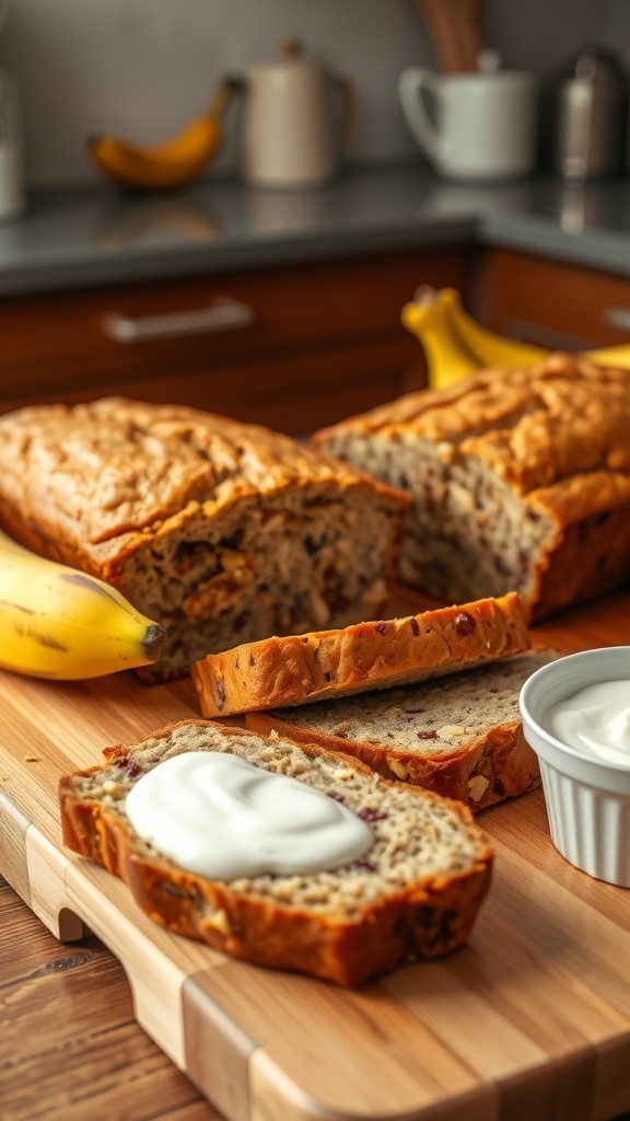 Low Sugar Greek Yogurt Banana Bread Recipe A loaf of low sugar banana bread sliced on a cutting board with bananas and yogurt in the background.